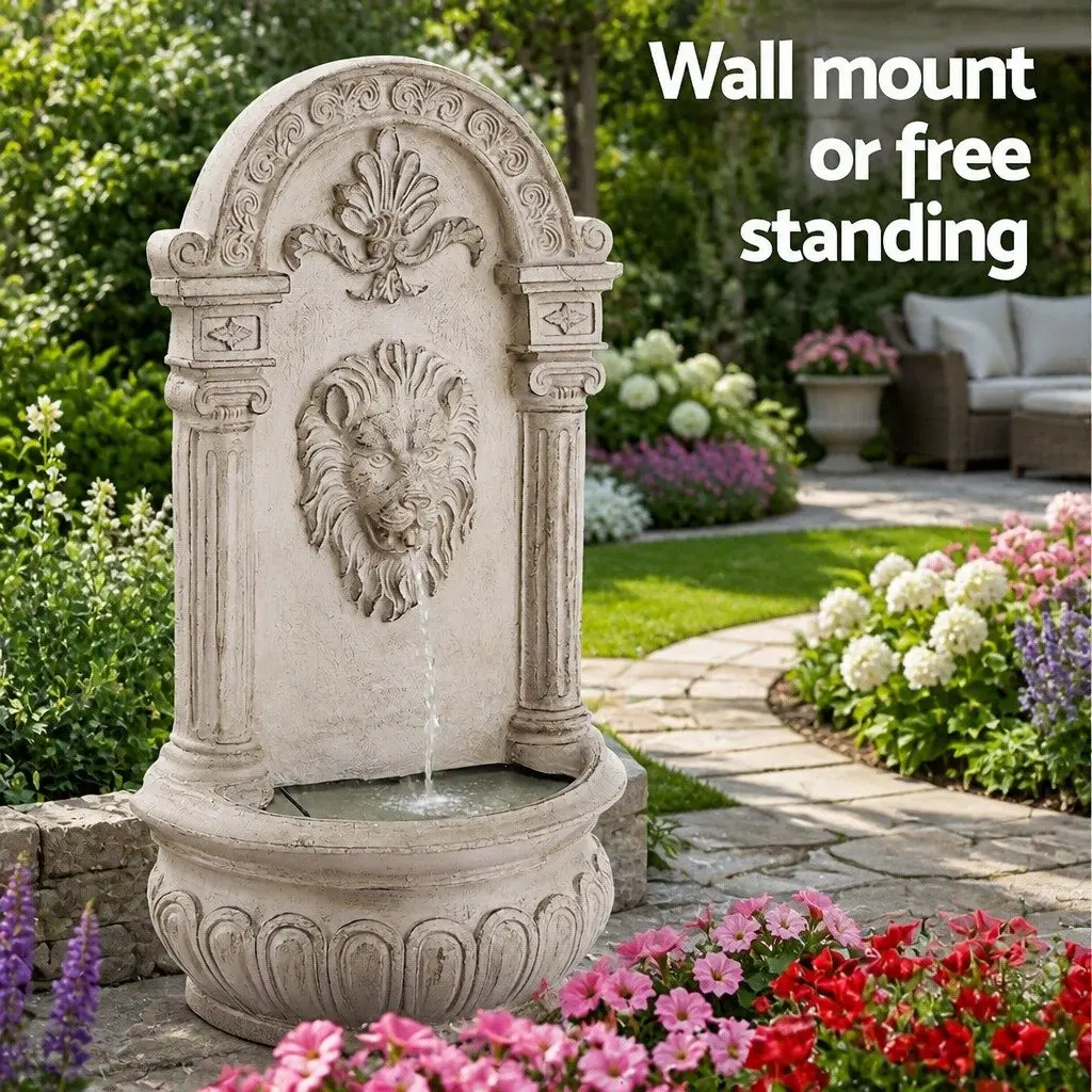 Solar Wall Mount Fountain Lion Head Cascading Water Feature 77CM Beige Polyresin