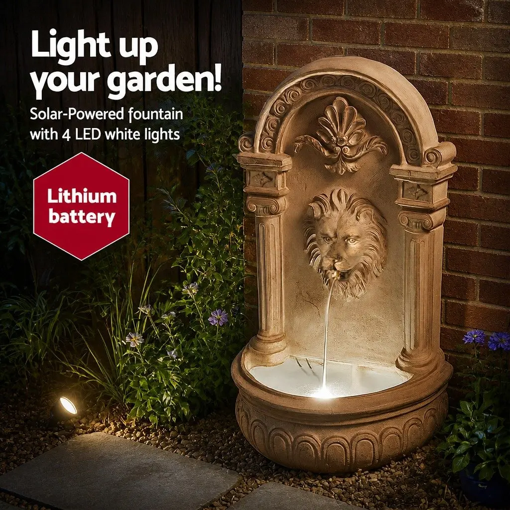 Solar Wall Mount Fountain Lion Head Cascading Water Feature 77CM Beige Polyresin