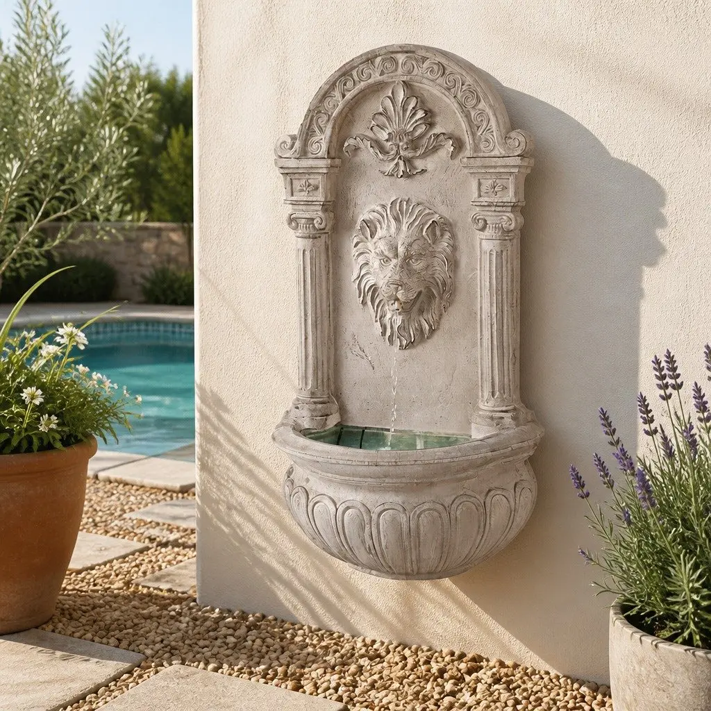 Solar Wall Mount Fountain Lion Head Cascading Water Feature 77CM Beige Polyresin