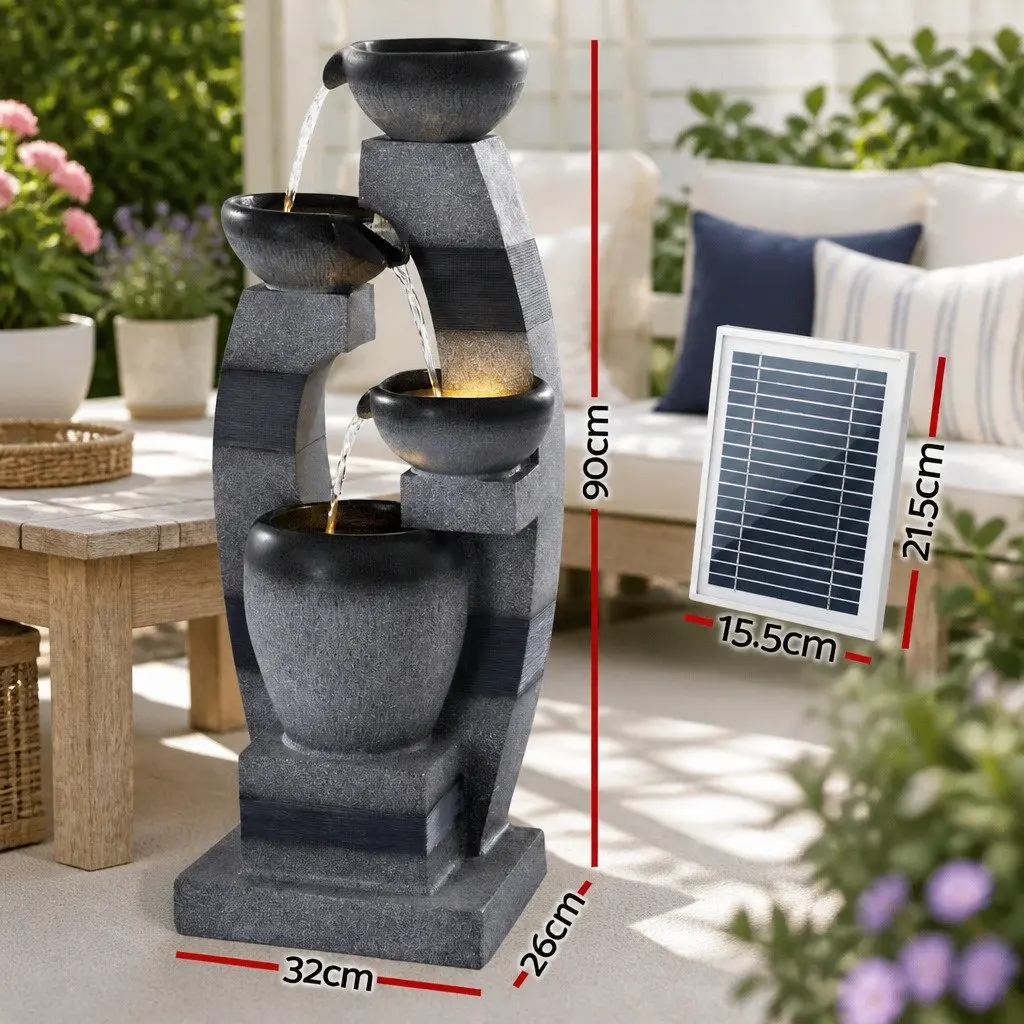 Solar Fountain 4-Tier Cascading Polyresin 39 x 26 x 90cm Grey