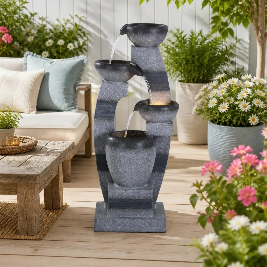 Solar Fountain 4-Tier Cascading Polyresin 39 x 26 x 90cm Grey