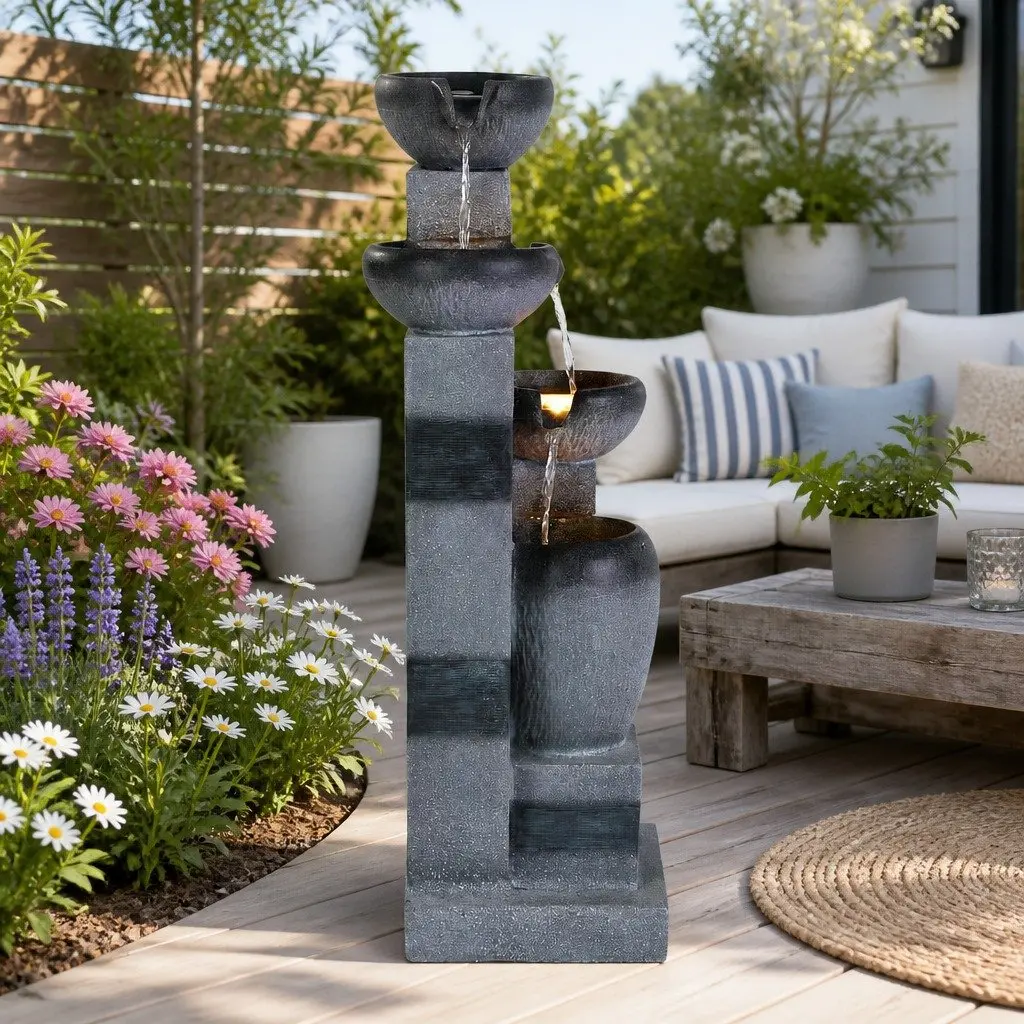 Solar Fountain 4-Tier Cascading Polyresin 39 x 26 x 90cm Grey