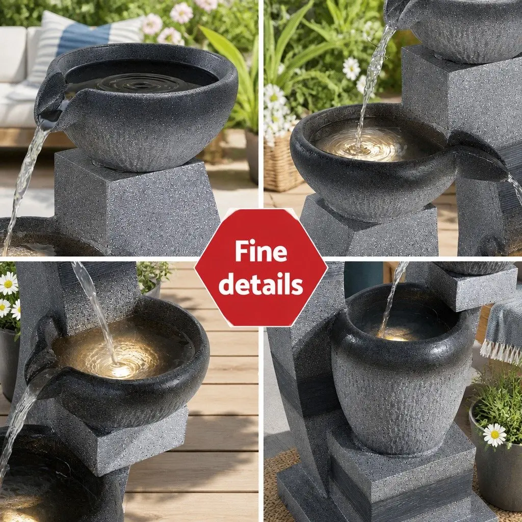 Solar Fountain 4-Tier Cascading Polyresin 39 x 26 x 90cm Grey