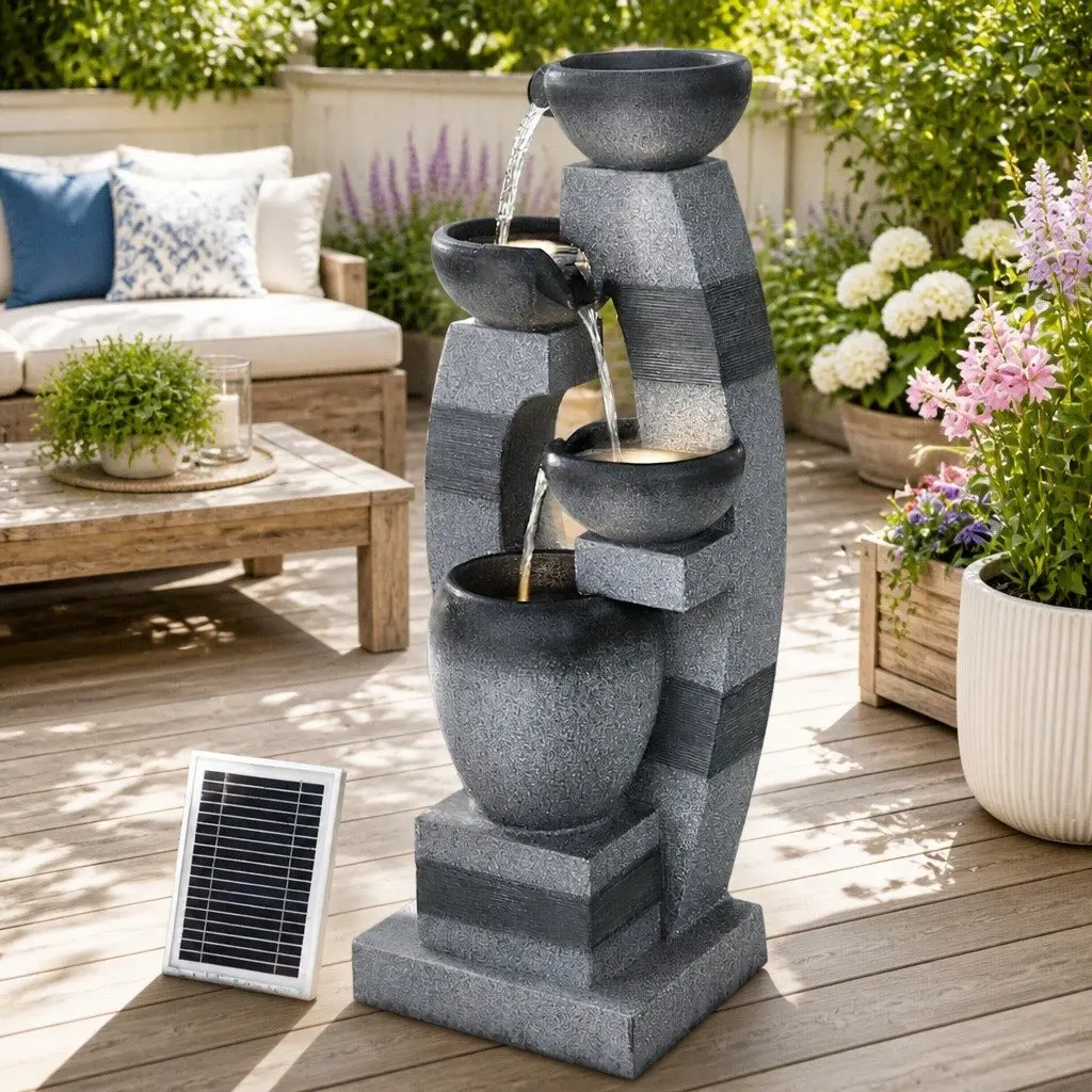 Solar Fountain 4-Tier Cascading Polyresin 39 x 26 x 90cm Grey