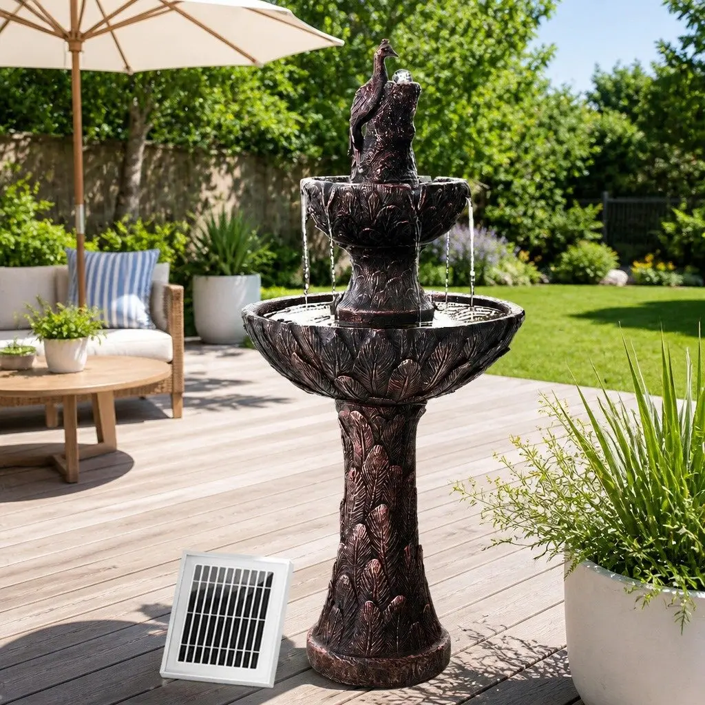 Solar Water Feature Tier Fountain Bird Bath Garden 106CM Peacock Brown Outdoor