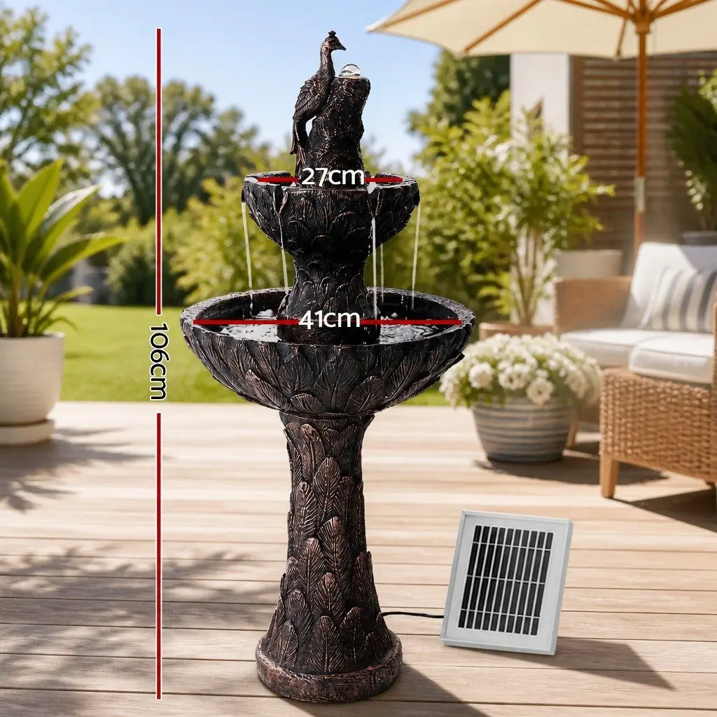 Solar Water Feature Tier Fountain Bird Bath Garden 106CM Peacock Brown Outdoor