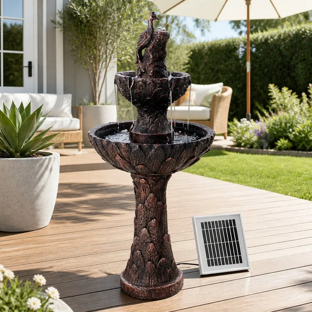 Solar Water Feature Tier Fountain Bird Bath Garden 106CM Peacock Brown Outdoor