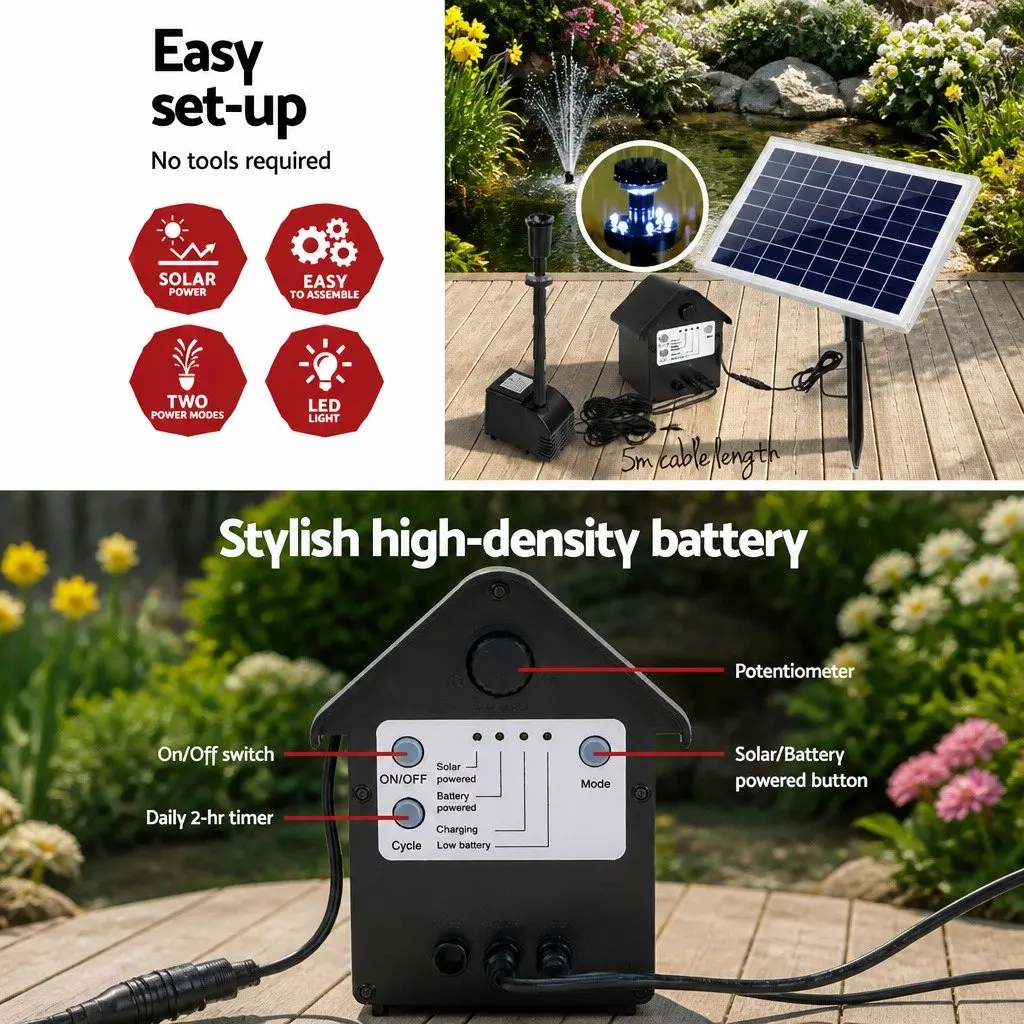 Solar Pond Pump Submersible Water Fountain LED Lights Battery Kit 6.6FT Lift