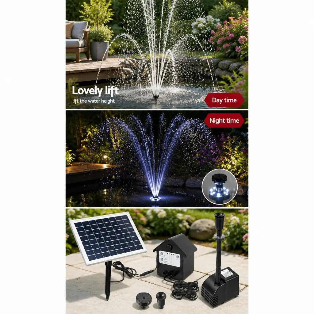 Solar Pond Pump Submersible Water Fountain LED Lights Battery Kit 6.6FT Lift