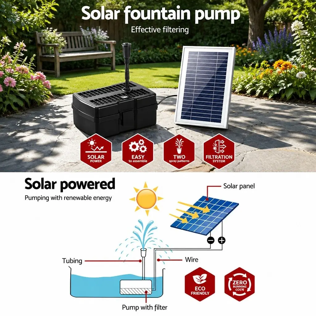 Solar Pond Pump with Filter Box Water Fountain Garden Feature 4.6FT Lift