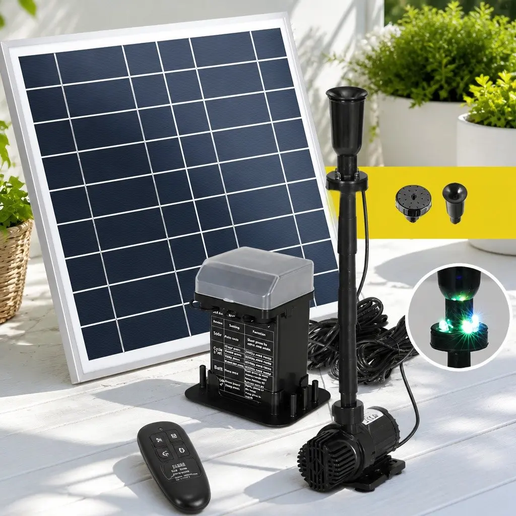 Solar Pond Pump Fountain with LED Lights Battery Backup 9.8FT Water Feature