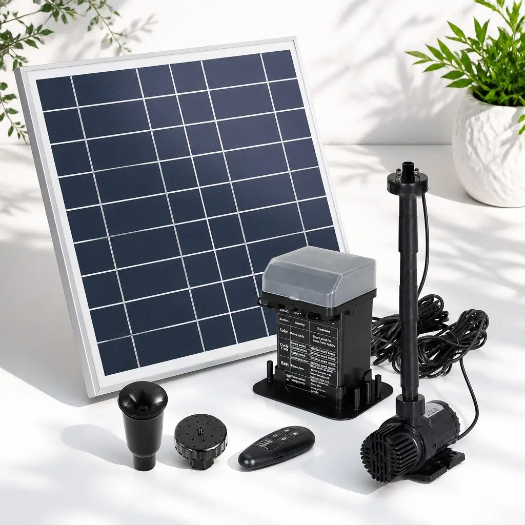 Solar Pond Pump Fountain with LED Lights Battery Backup 9.8FT Water Feature