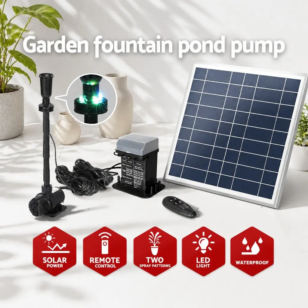Solar Pond Pump Fountain with LED Lights Battery Backup 9.8FT Water Feature