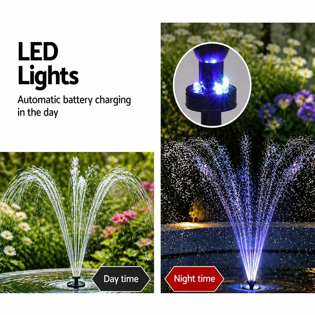 Solar Pond Pump Fountain with LED Lights Battery Backup 9.8FT Water Feature