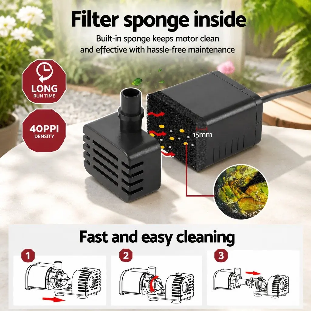 Submersible Solar Fountain Pump Water Feature with Integrated Battery LED Lights Outdoor Use Black
