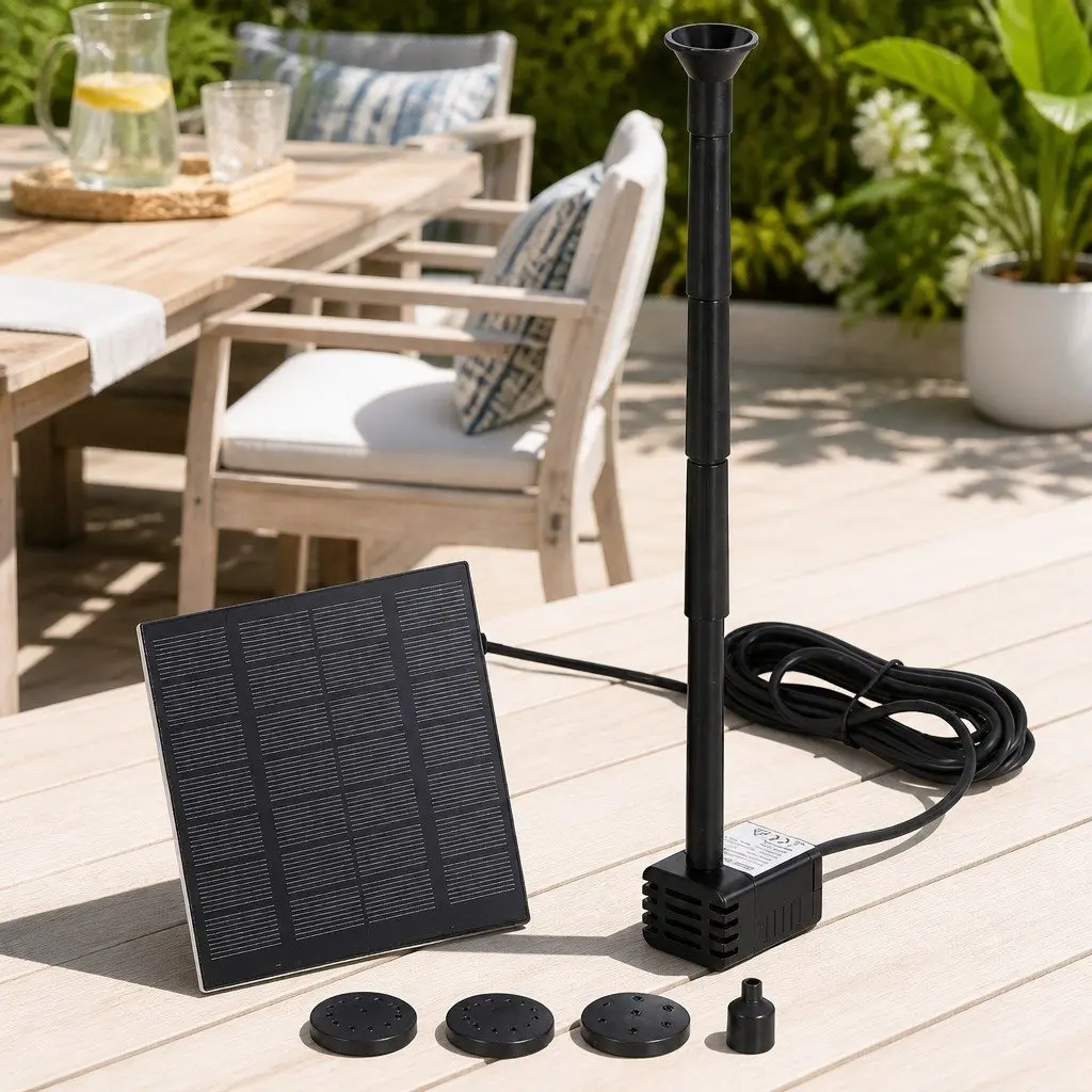 Submersible Solar Water Fountain Pump Kit 4 Nozzles Adjustable Height Black Outdoor Garden