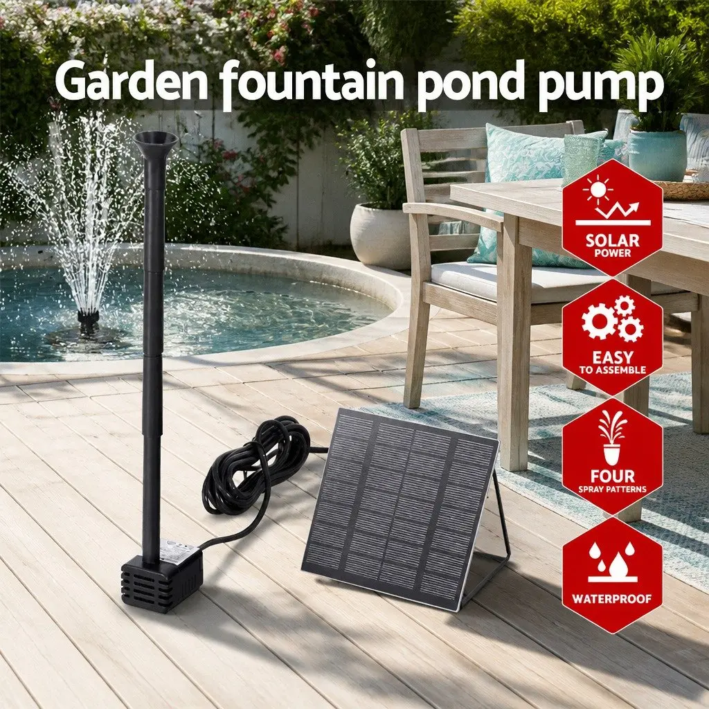 Submersible Solar Water Fountain Pump Kit 4 Nozzles Adjustable Height Black Outdoor Garden
