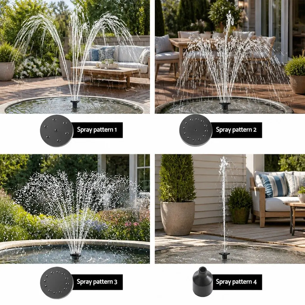 Submersible Solar Water Fountain Pump Kit 4 Nozzles Adjustable Height Black Outdoor Garden