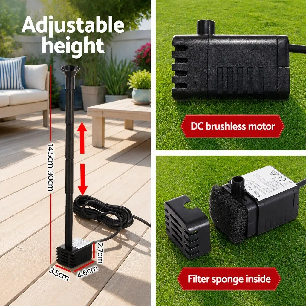 Submersible Solar Water Fountain Pump Kit 4 Nozzles Adjustable Height Black Outdoor Garden