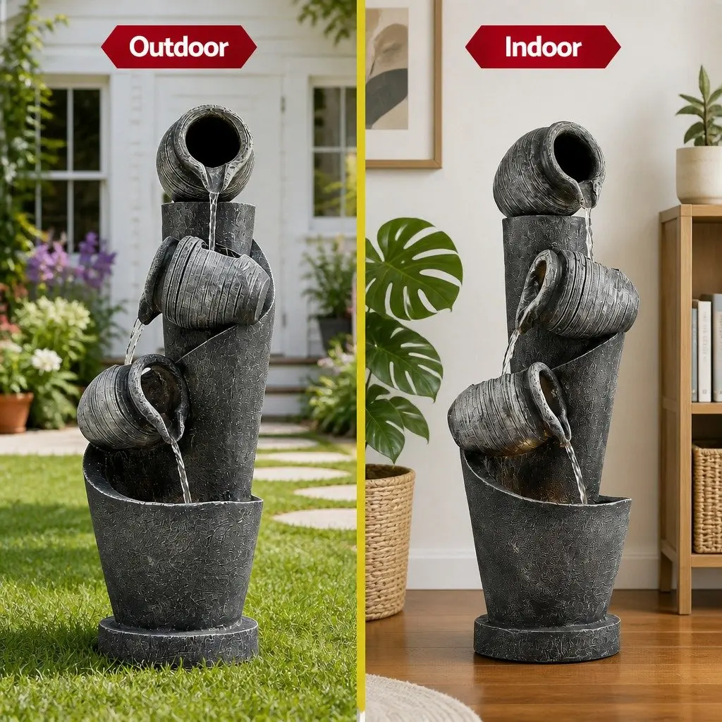 Solar Cascading Fountain 3-Tier Pot Water Feature LED Lights Garden Outdoor 80CM