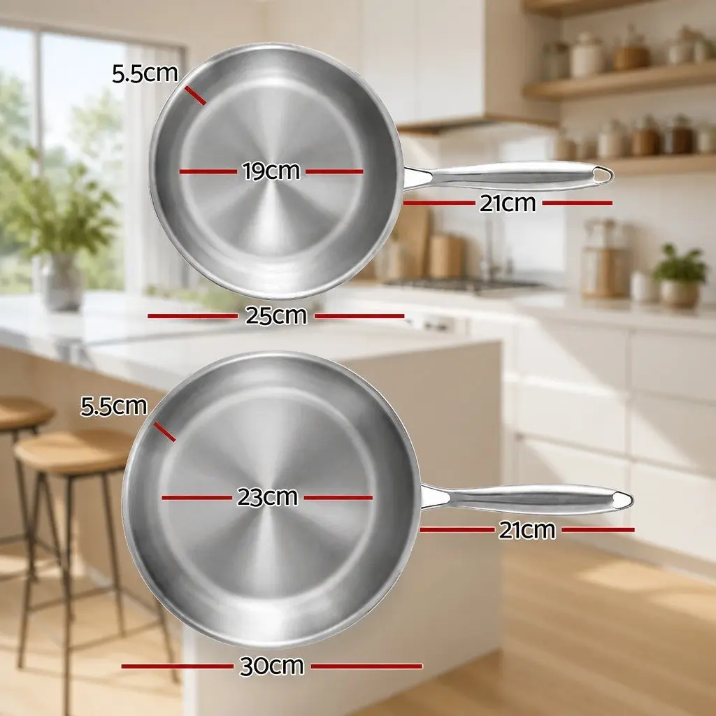 Frying Pan Set Stainless Steel Tri-Ply 25cm 30cm Uncoated Silver