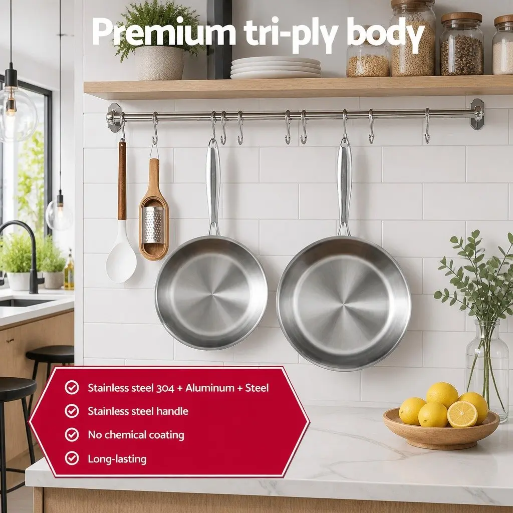 Frying Pan Set Stainless Steel Tri-Ply 25cm 30cm Uncoated Silver