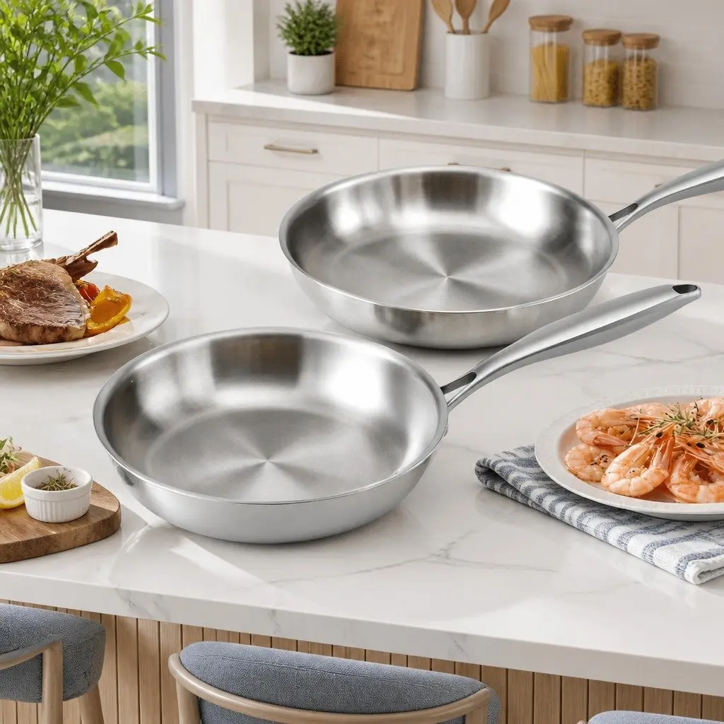 Frying Pan Set Stainless Steel Tri-Ply 25cm 30cm Uncoated Silver