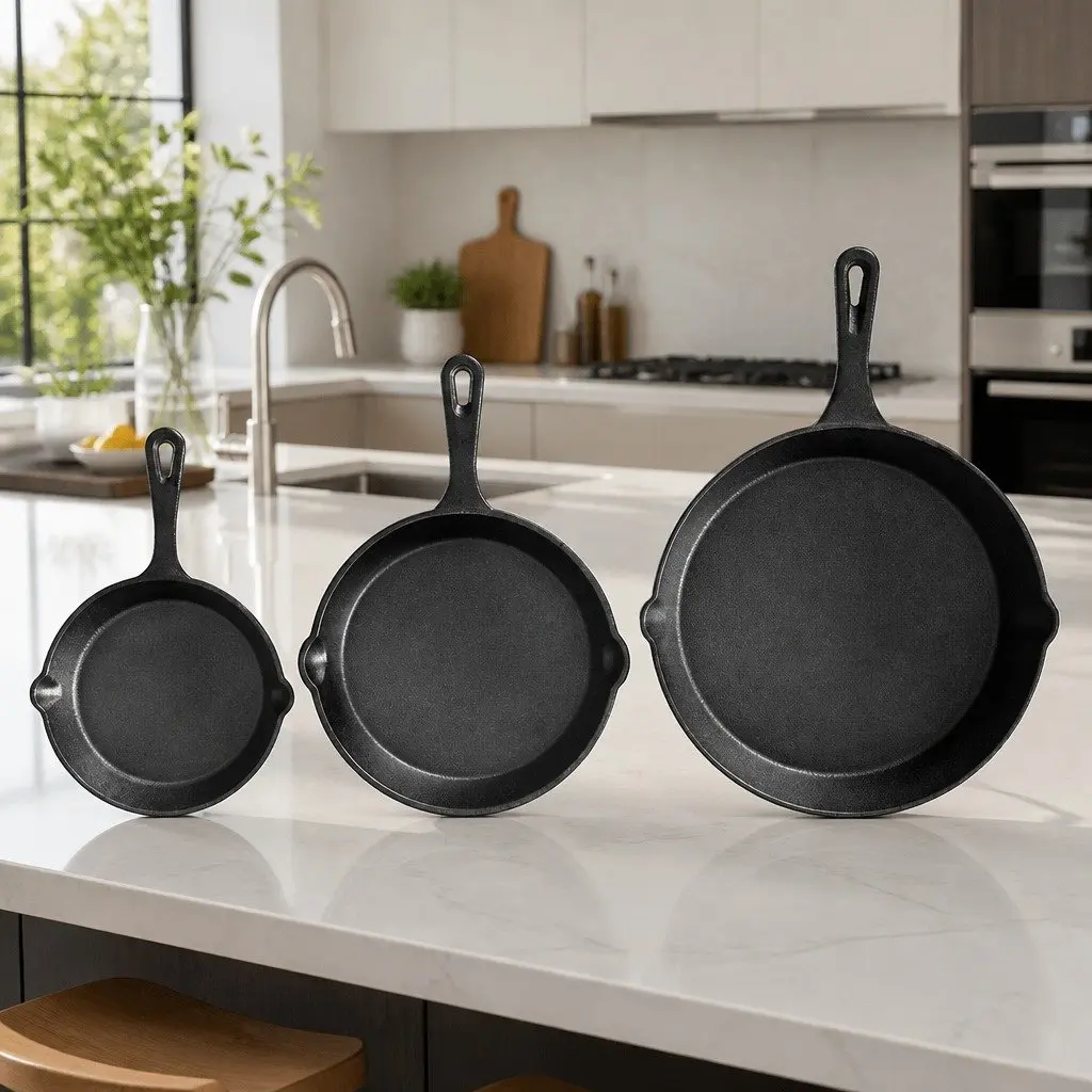 Cast Iron Frying Pan Set 3 Piece Non Stick Cookware Skillet Kitchen Cooking