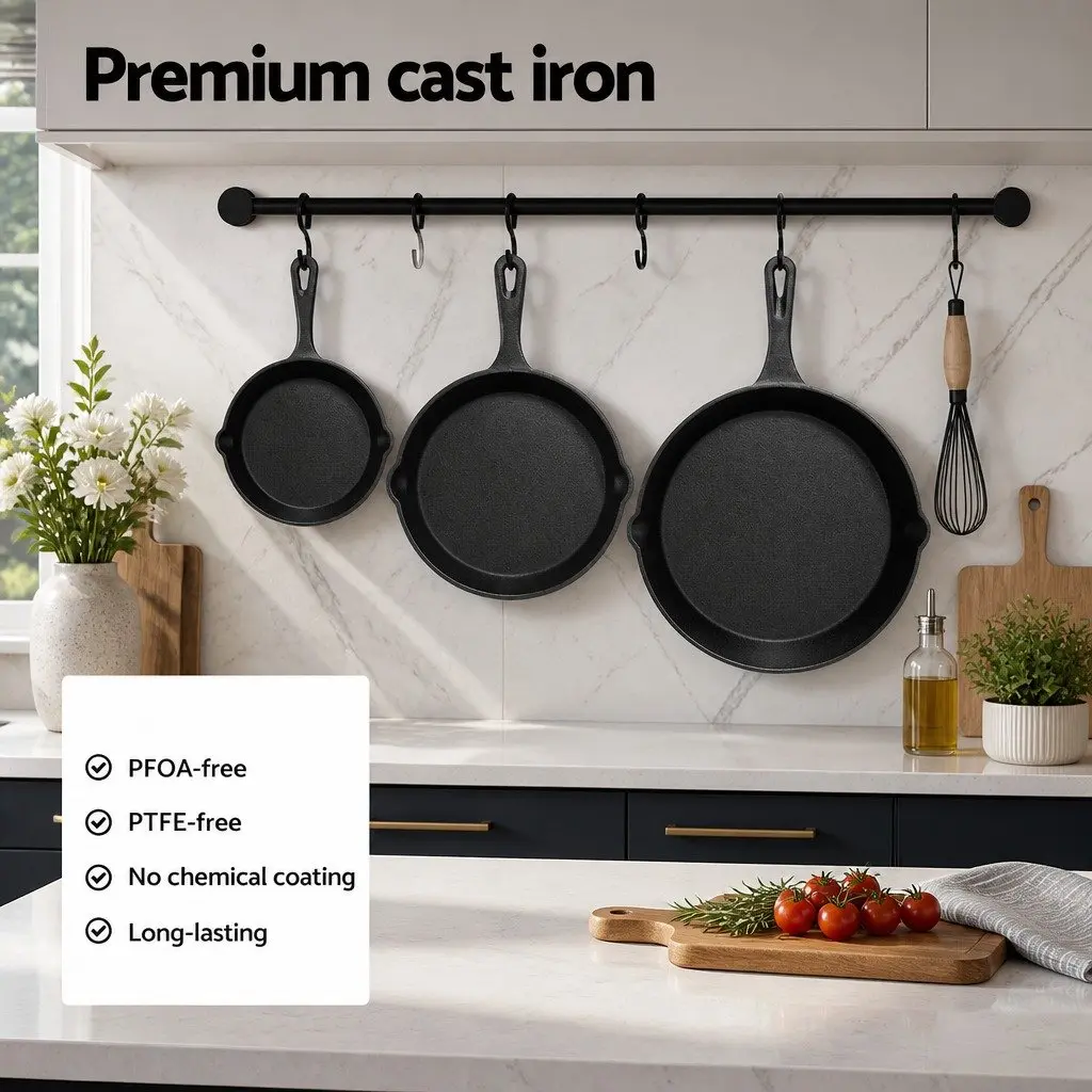 Cast Iron Frying Pan Set 3 Piece Non Stick Cookware Skillet Kitchen Cooking
