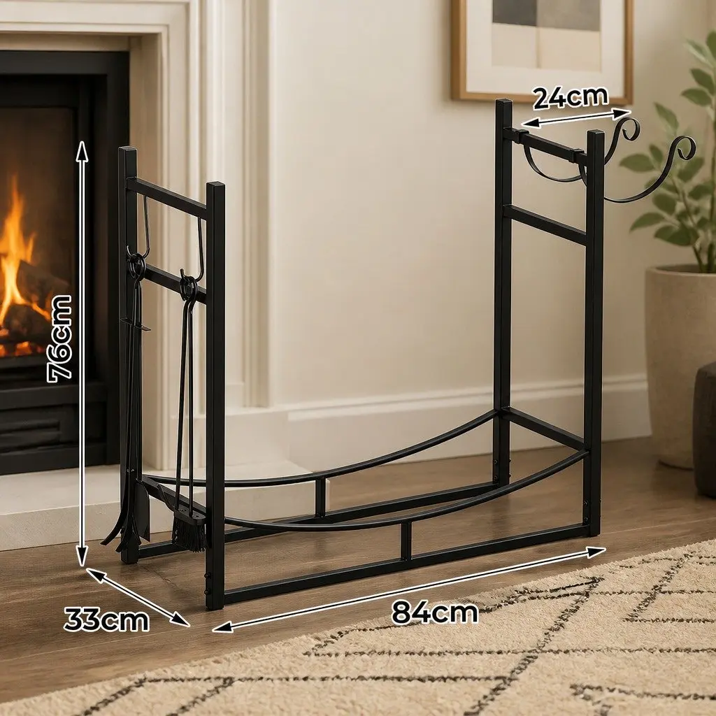 Heavy Duty Metal Firewood Rack with Fireplace Tools Set Black Indoor Outdoor 84cm x 33cm x 76cm