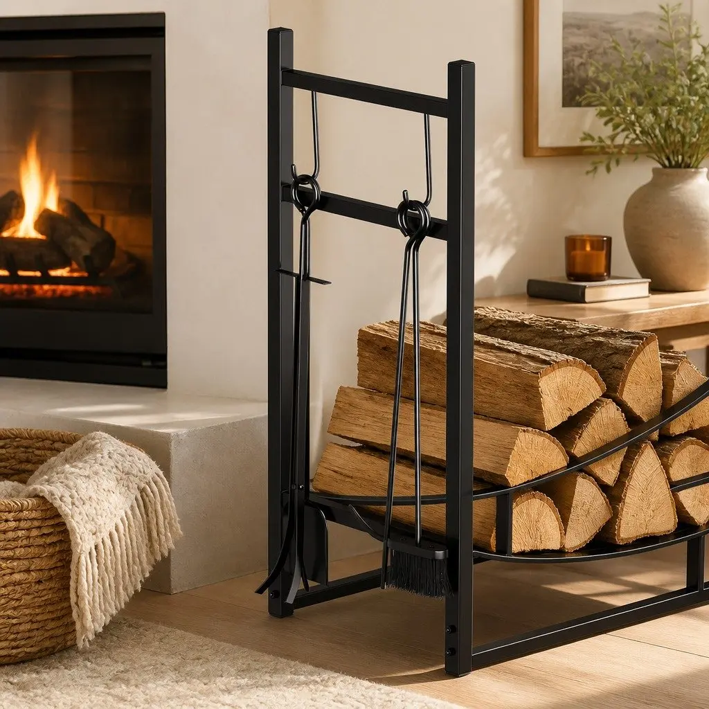 Heavy Duty Metal Firewood Rack with Fireplace Tools Set Black Indoor Outdoor 84cm x 33cm x 76cm