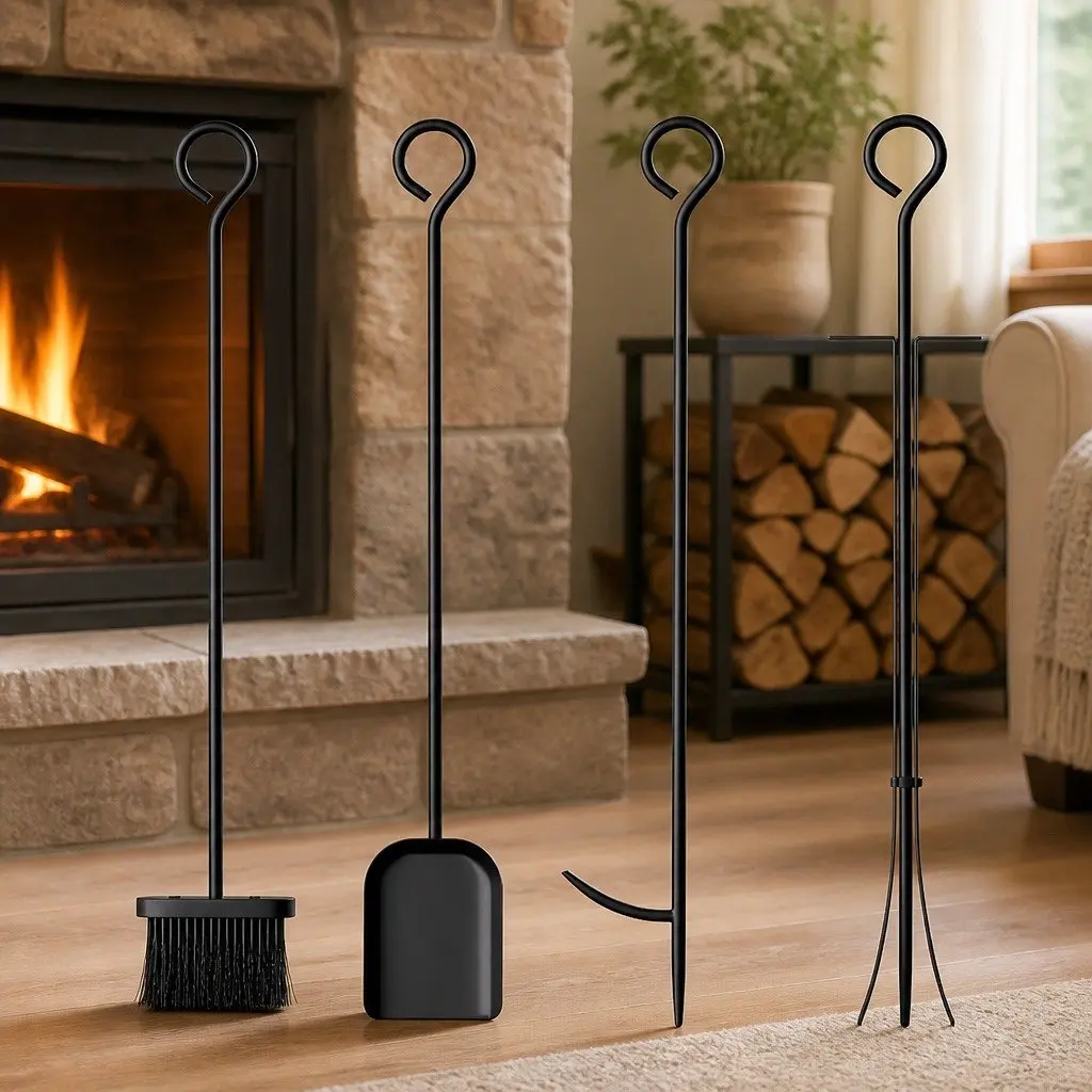 Heavy Duty Metal Firewood Rack with Fireplace Tools Set Black Indoor Outdoor 84cm x 33cm x 76cm