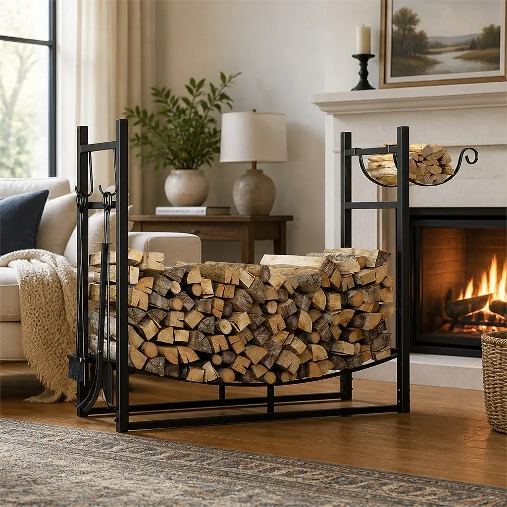 Heavy Duty Metal Firewood Rack with Fireplace Tools Set Black Indoor Outdoor 84cm x 33cm x 76cm