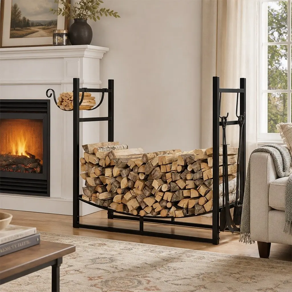 Heavy Duty Metal Firewood Rack with Fireplace Tools Set Black Indoor Outdoor 84cm x 33cm x 76cm
