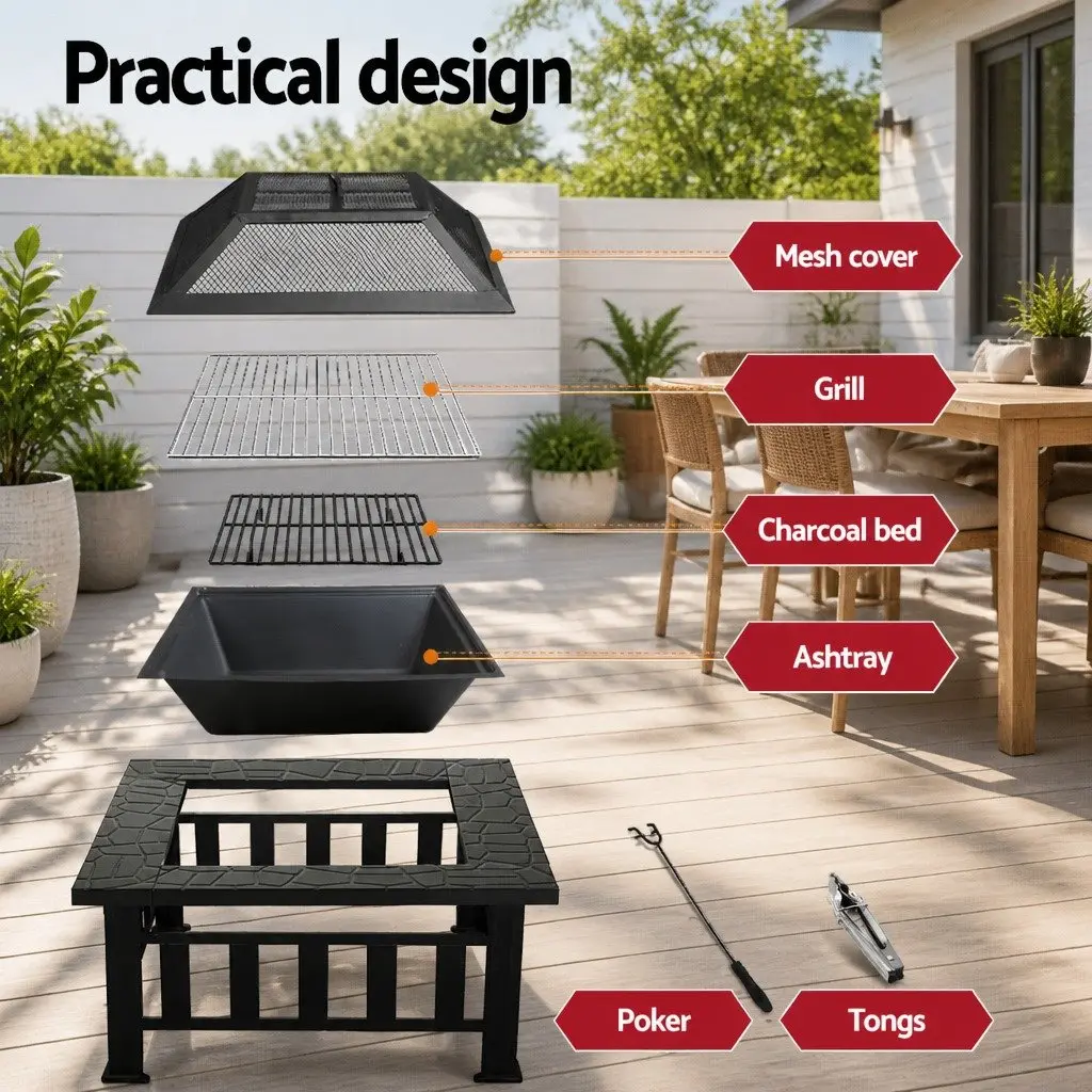 2-In-1 Fire Pit BBQ Grill Steel Frame 81 x 81 x 45 cm Black