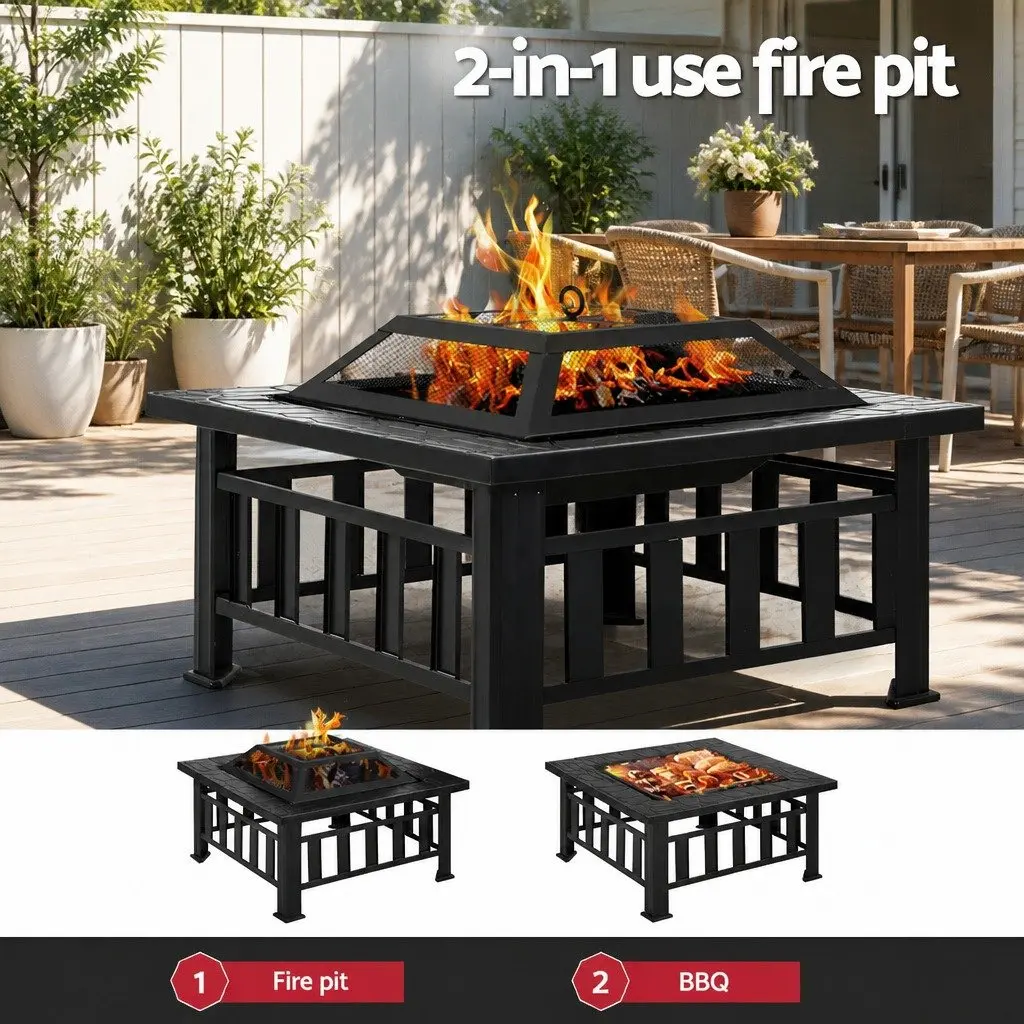 2-In-1 Fire Pit BBQ Grill Steel Frame 81 x 81 x 45 cm Black