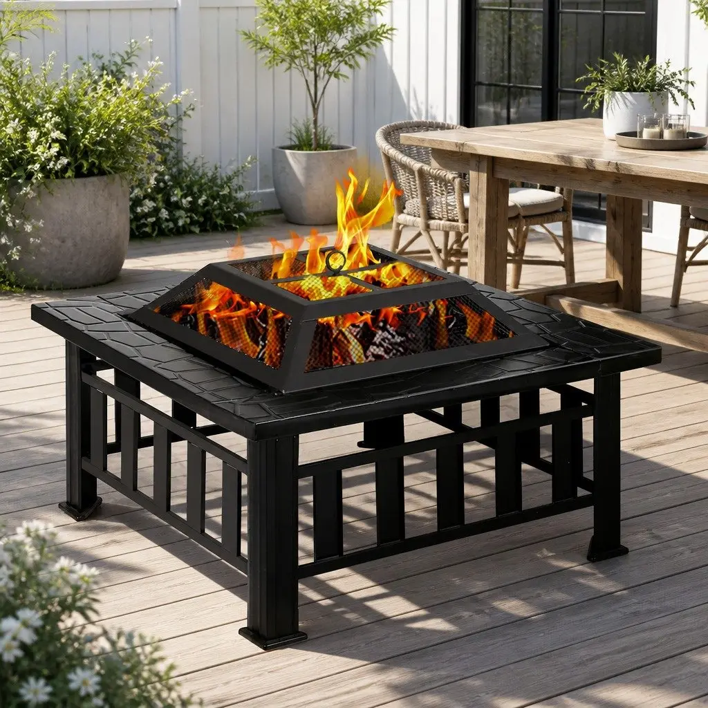 2-In-1 Fire Pit BBQ Grill Steel Frame 81 x 81 x 45 cm Black