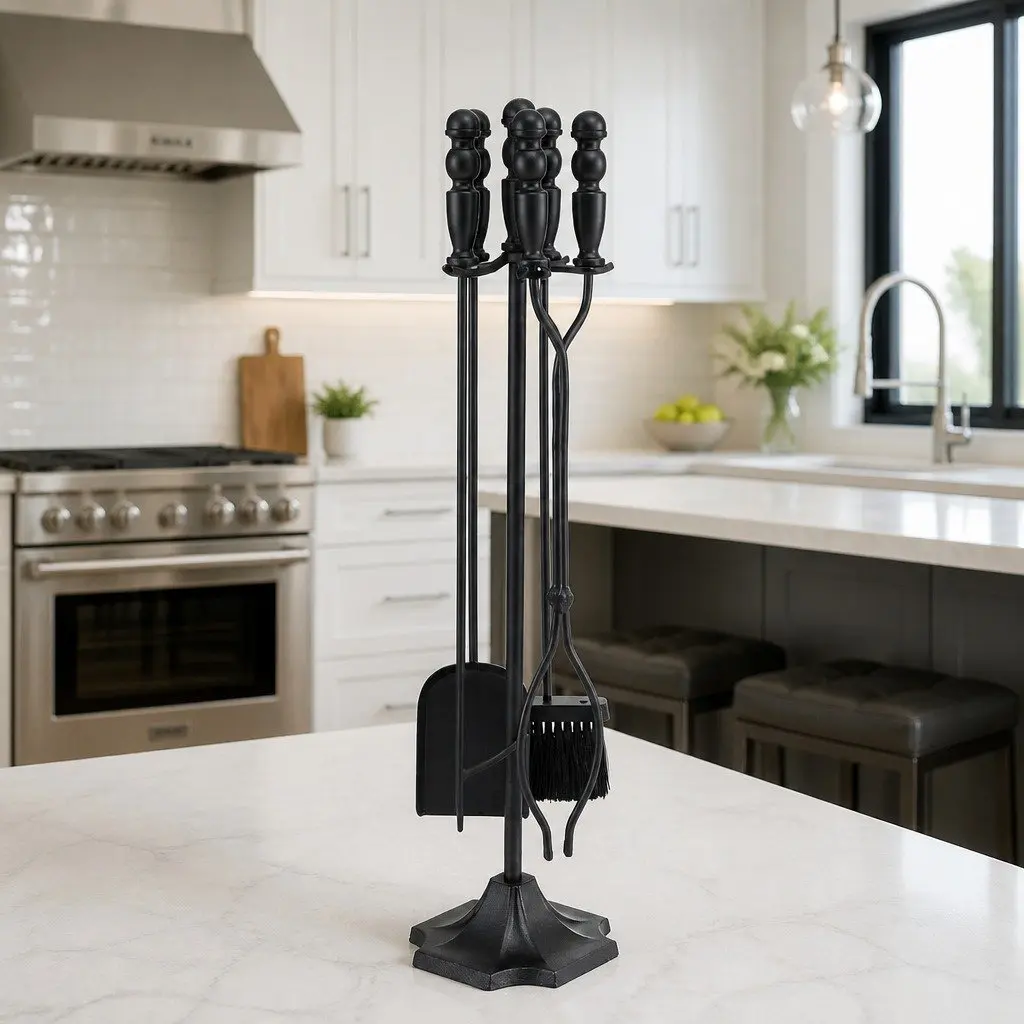 Fire Pit Tool Set Cast Iron 4 Piece Black Fireplace Poker Shovel Brush Clipper with Stand