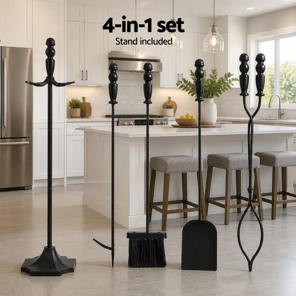 Fire Pit Tool Set Cast Iron 4 Piece Black Fireplace Poker Shovel Brush Clipper with Stand