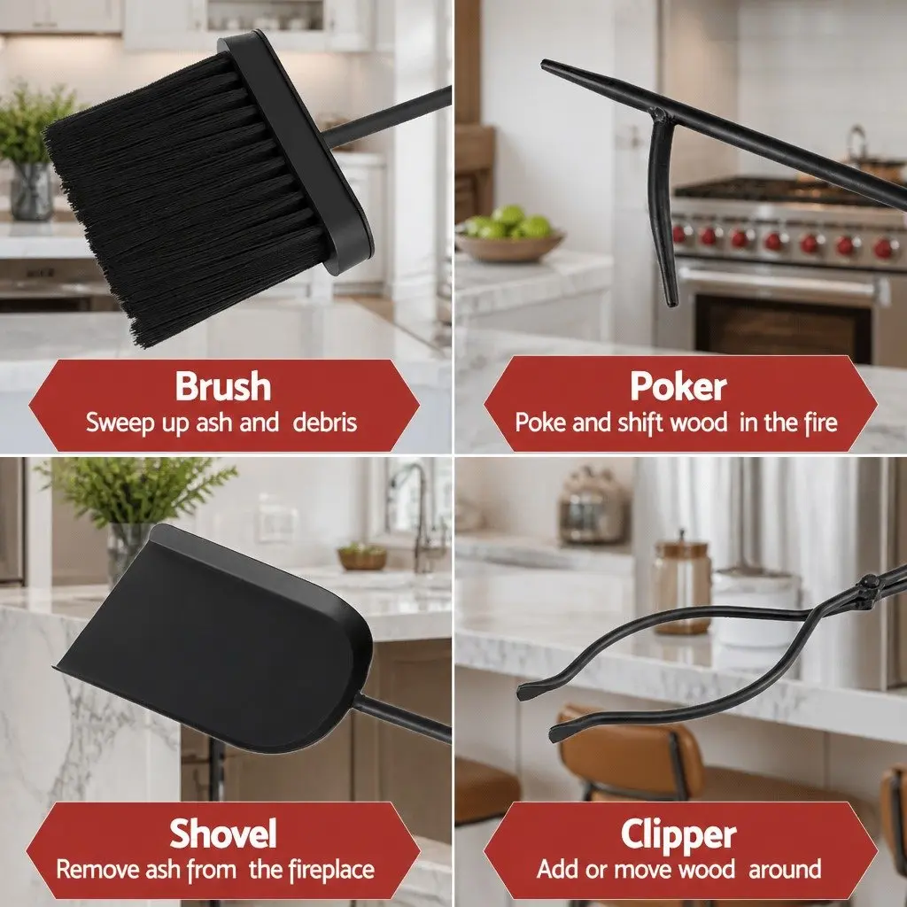 Fire Pit Tool Set Cast Iron 4 Piece Black Fireplace Poker Shovel Brush Clipper with Stand