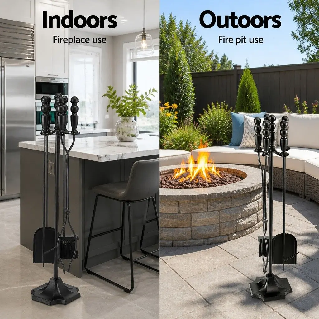 Fire Pit Tool Set Cast Iron 4 Piece Black Fireplace Poker Shovel Brush Clipper with Stand