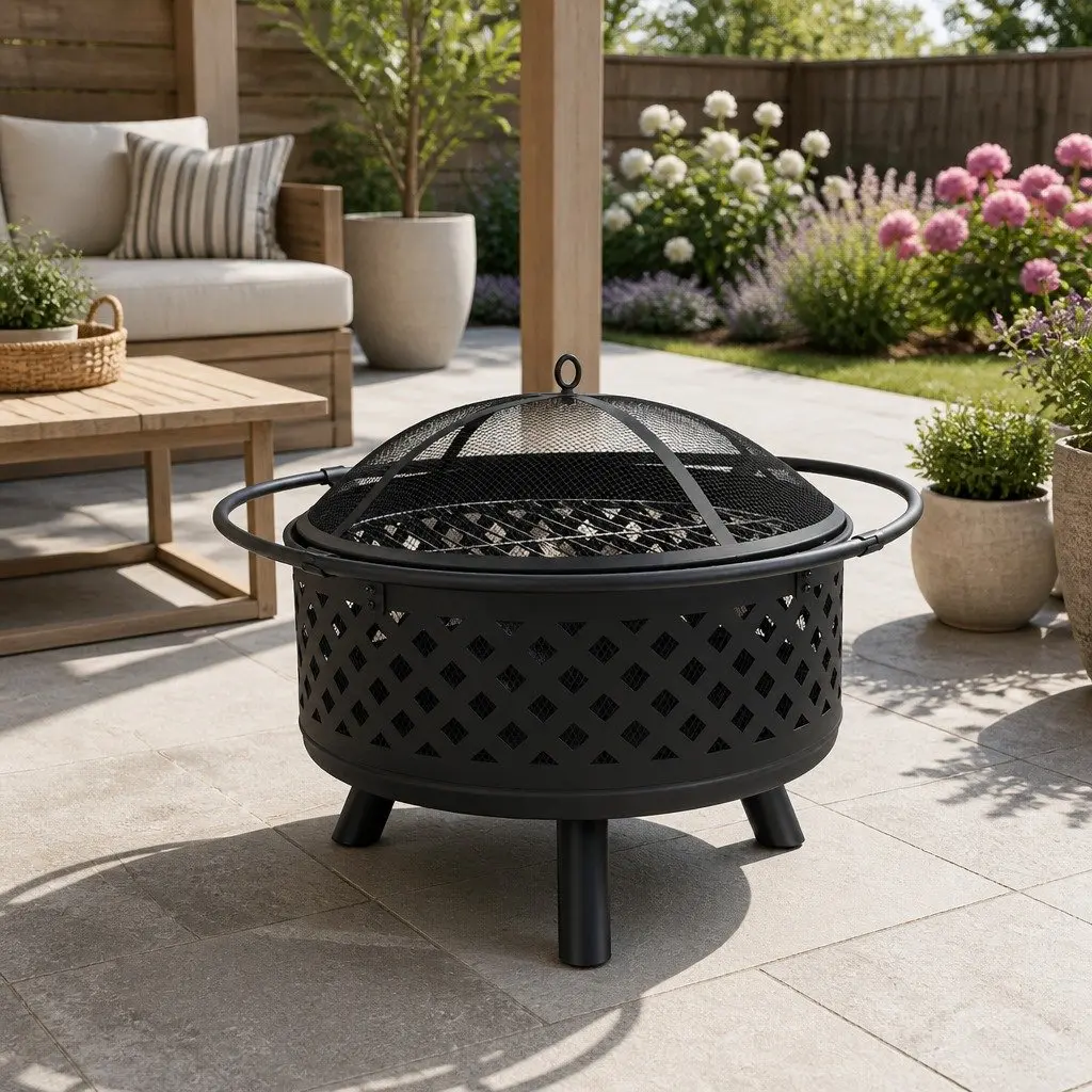 BBQ Grill Fire Pit 76cm Steel Black Multi-Purpose Outdoor Heating Fireplace