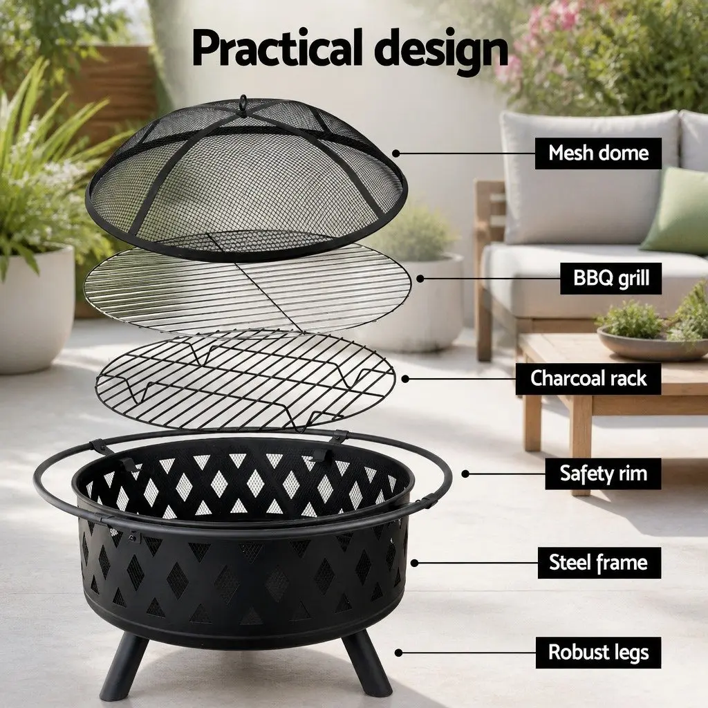 Fire Pit BBQ Grill 82cm 2-in-1 Outdoor Heating Cooking Garden Patio Fireplace