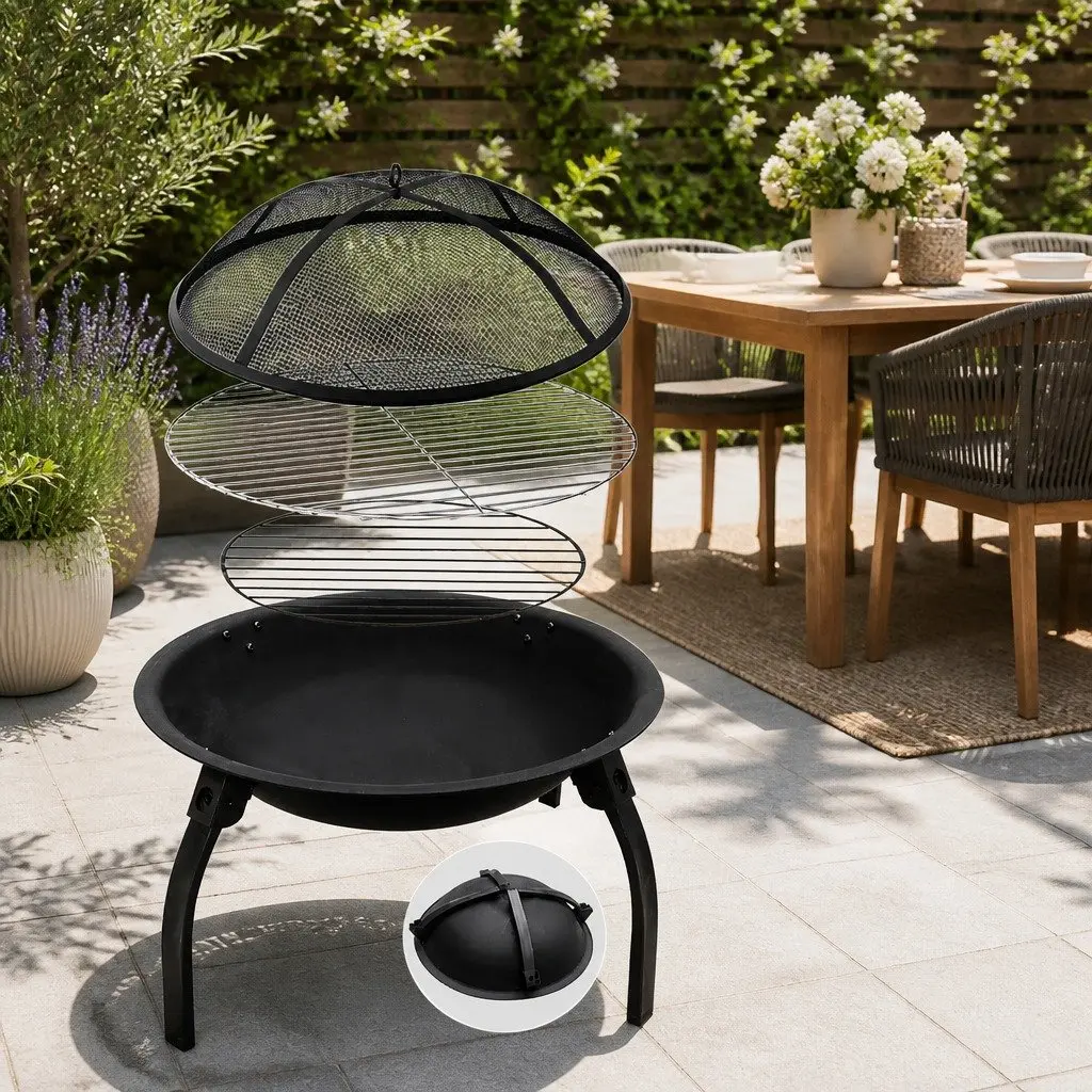 Fire Pit Portable Charcoal Smoker 22" Powder Coated Steel Black