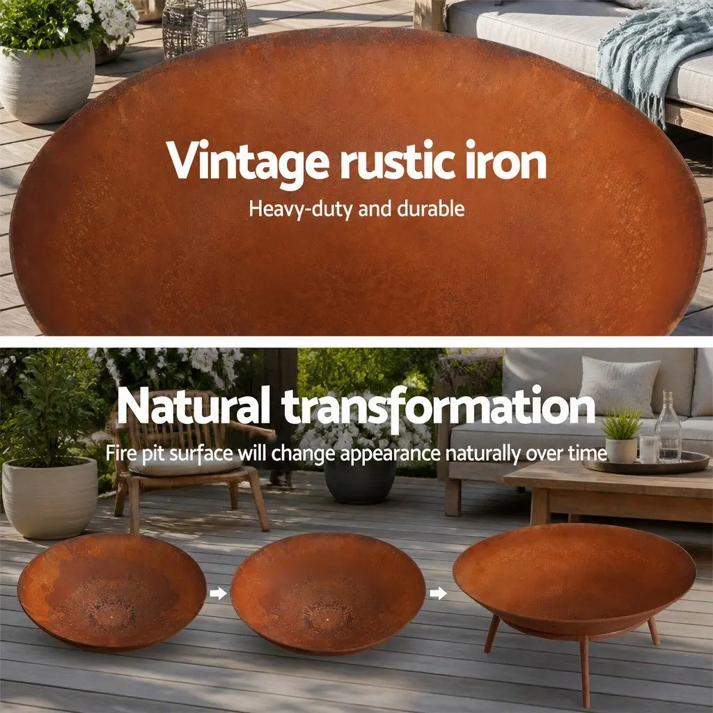 Fire Pit Iron Bowl 56cm Natural Rust Outdoor Garden Patio Camping