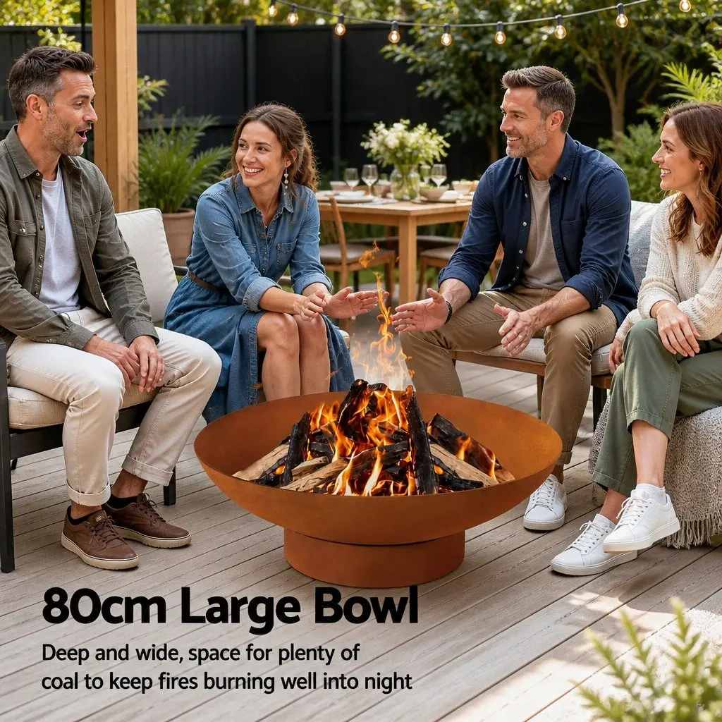 Iron Fire Pit Bowl 80cm Extra Deep Outdoor Patio Fireplace Rustic Garden Heater