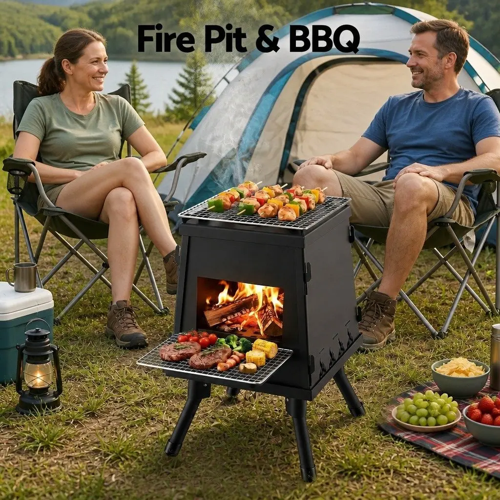 Portable Fire Pit Stove Cast Iron 24cm Black Outdoor Cooking