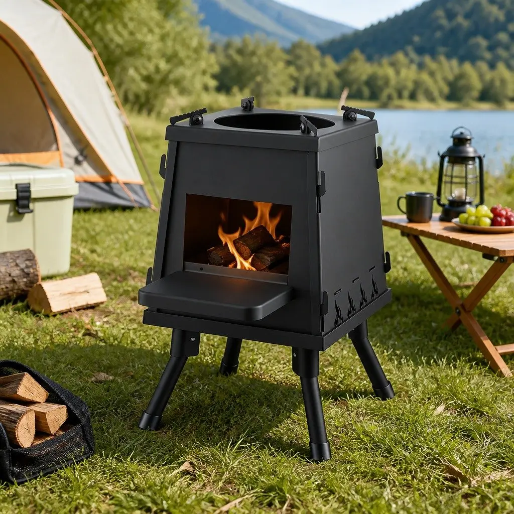 Portable Fire Pit Stove Cast Iron 24cm Black Outdoor Cooking
