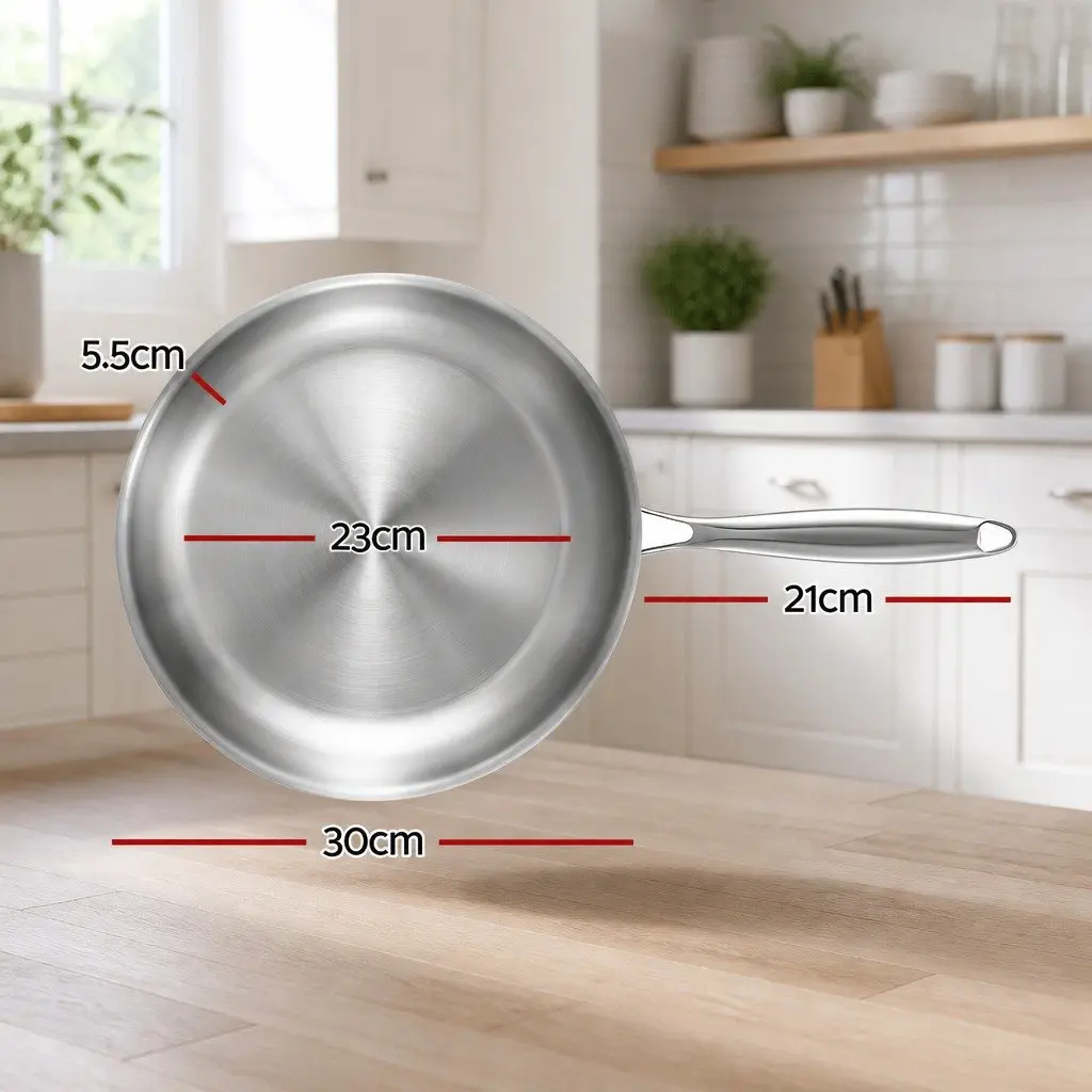 30cm Stainless Steel Frying Pan Tri-Ply Uncoated Silver