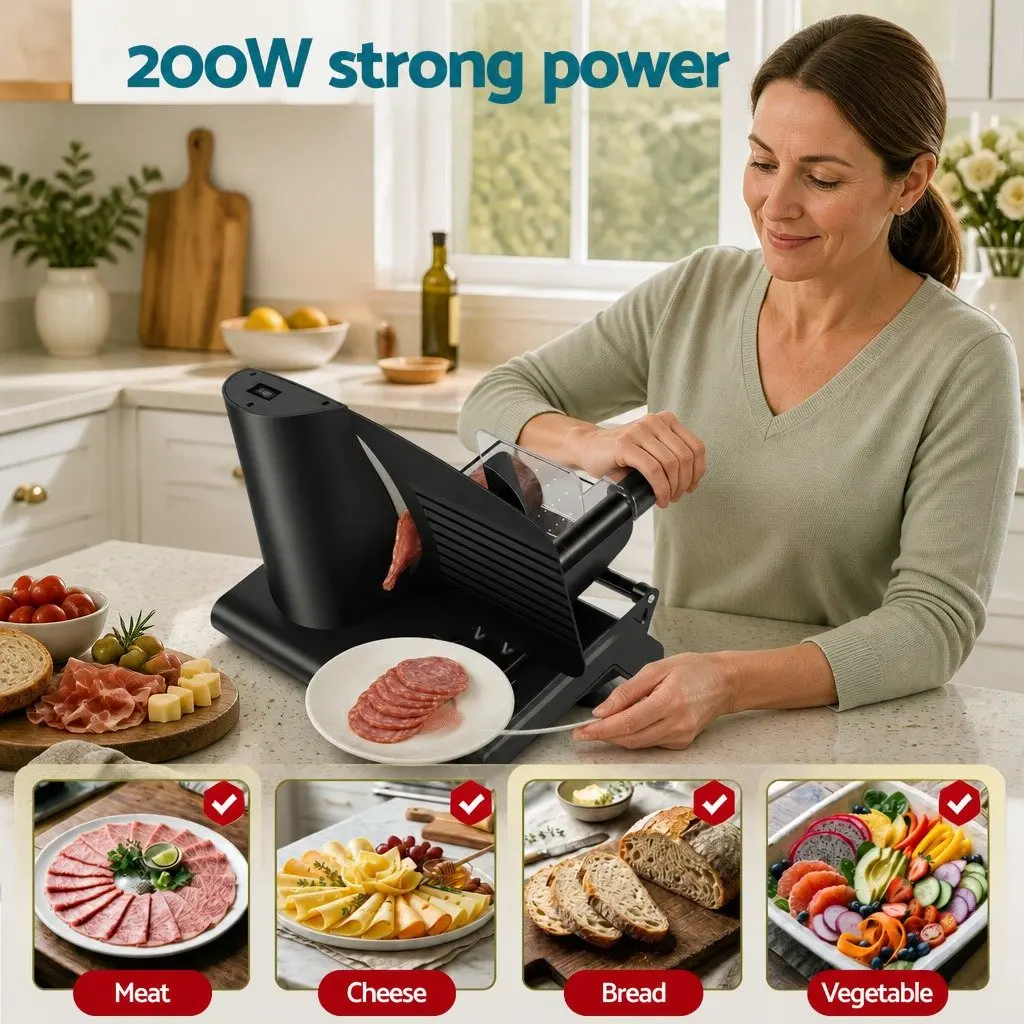 Food Slicer Stainless Steel 200W Adjustable Thickness 0-15mm Black